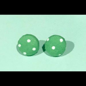 Green, White Dits Fabric Button Earrings